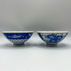 Vintage Pier 1 Blue & White Rice Bowl Pair – Fish & Floral Porcelain